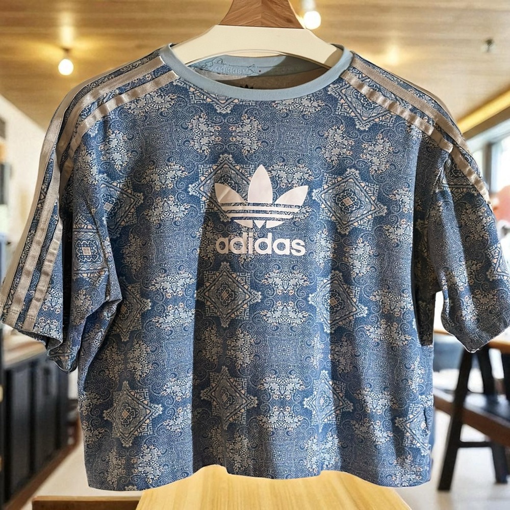 adidas Blue Paisley Crop Top with White Logo